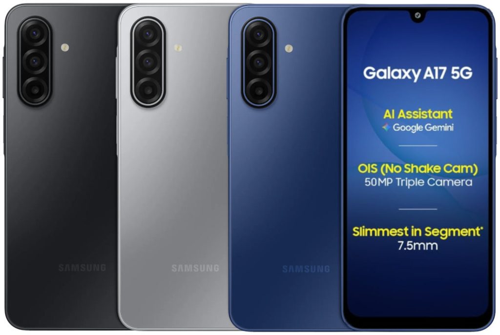 Samsung Galaxy A17 5G smartphone with sleek design and dual camera setup