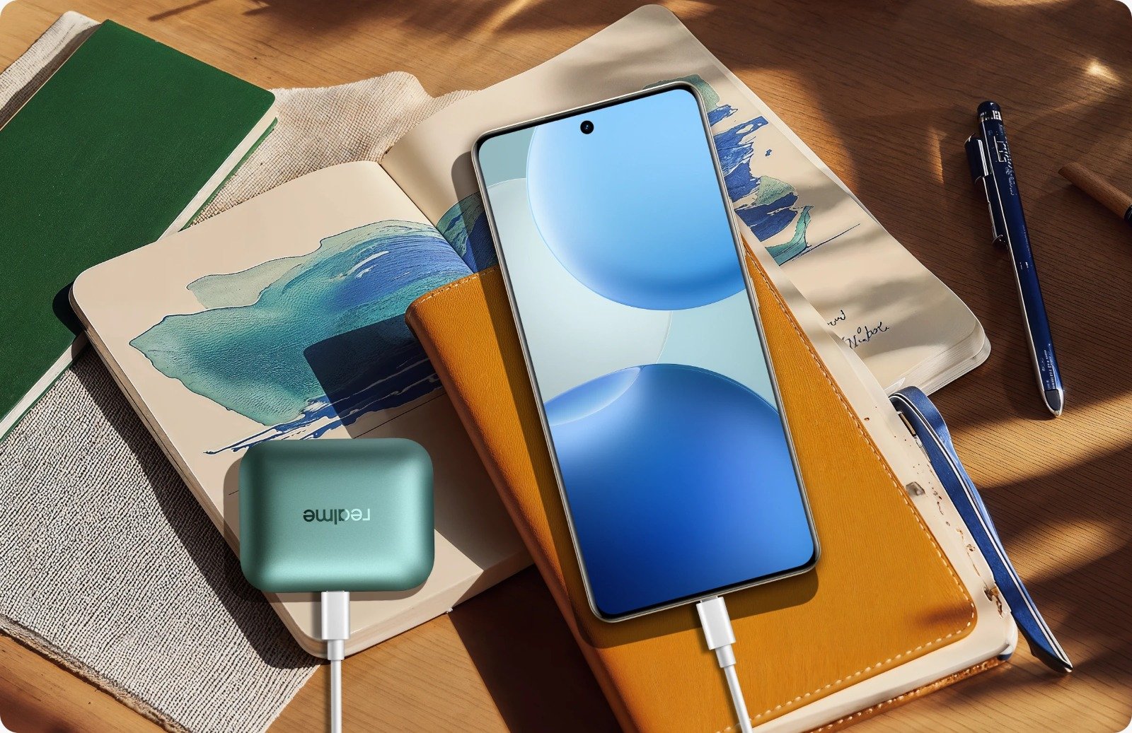 realme P4 Pro 5G smartphone with curved OLED display and premium wood-texture back panel